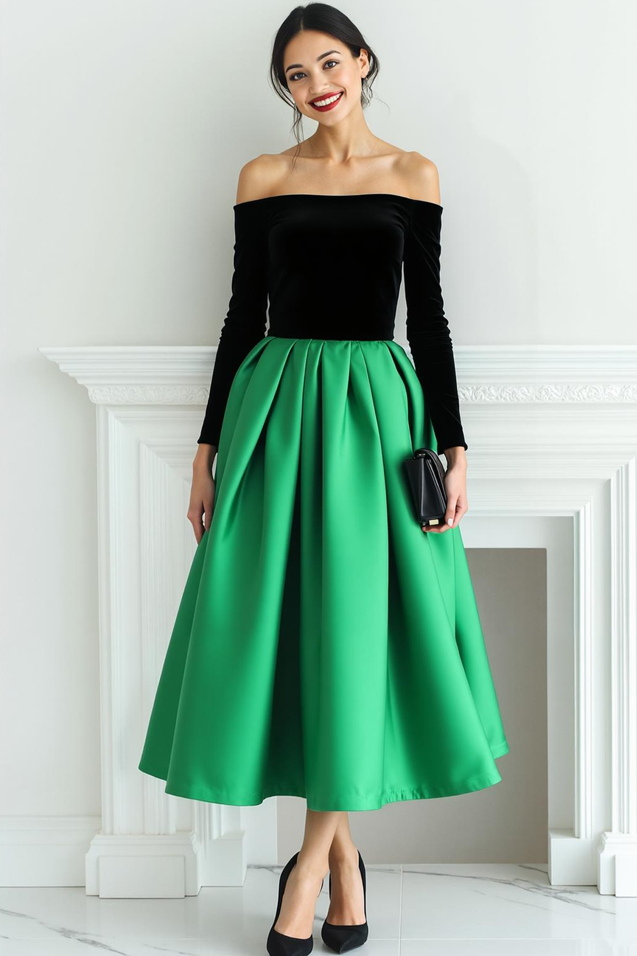 Fuchsia Svart Sammet Off The Shoulder Lång Aftonklänning Med Ärmar