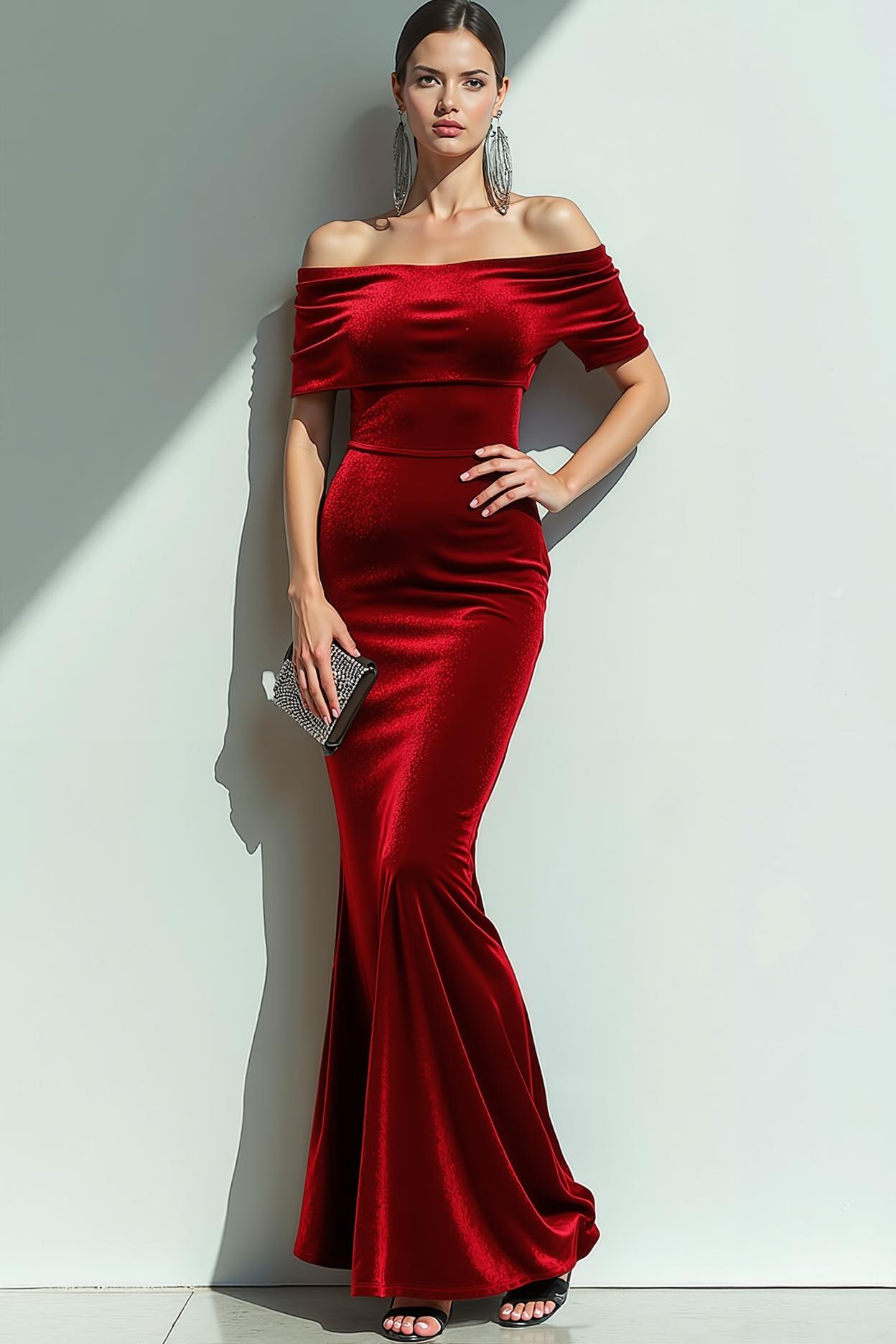Marinblå Sjöjungfru Sammet Off The Shoulder Maxi Aftonklänning