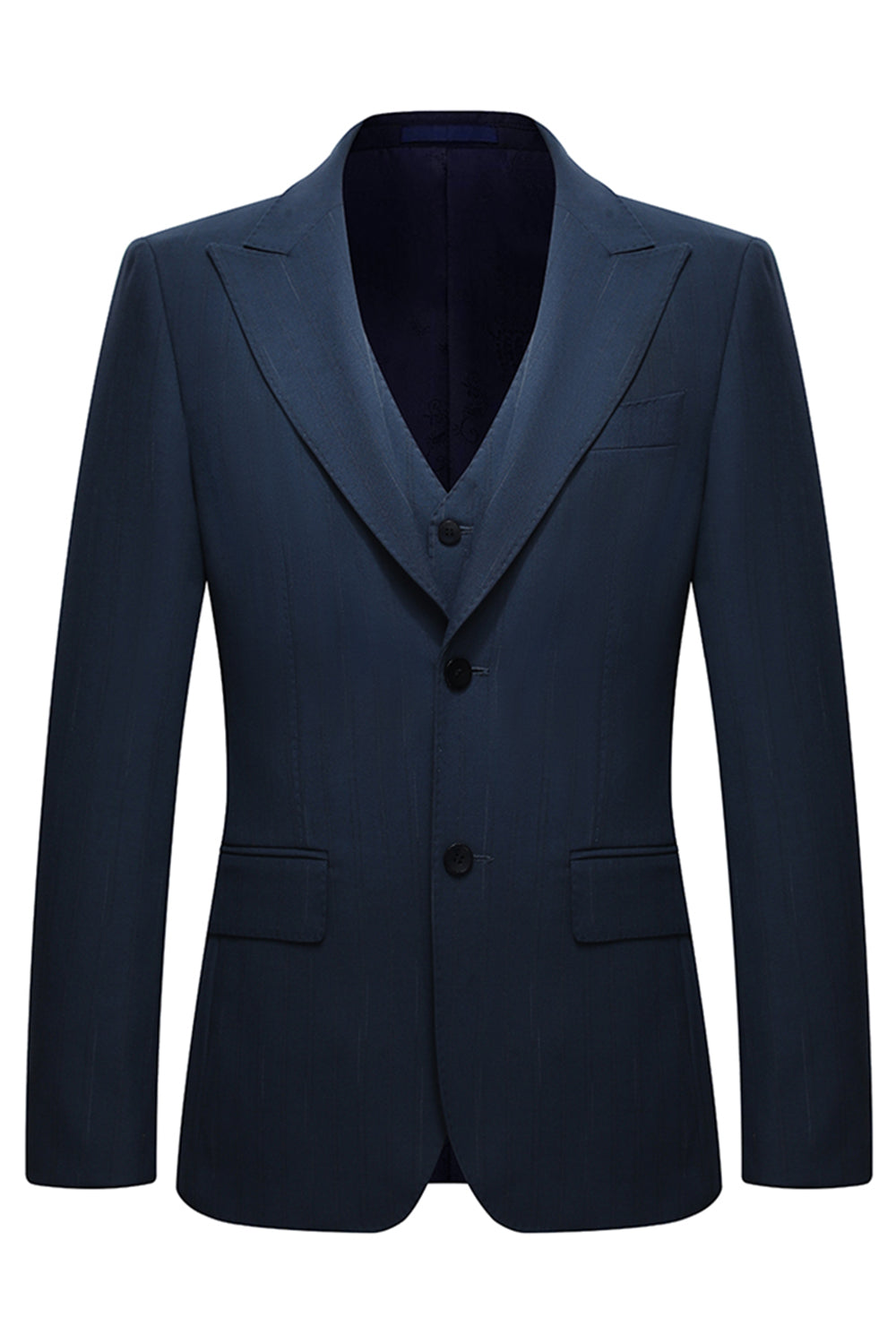 3-delad enkelknäppt Slim Fit Peak Kavajslag Marinblå kostymer för män