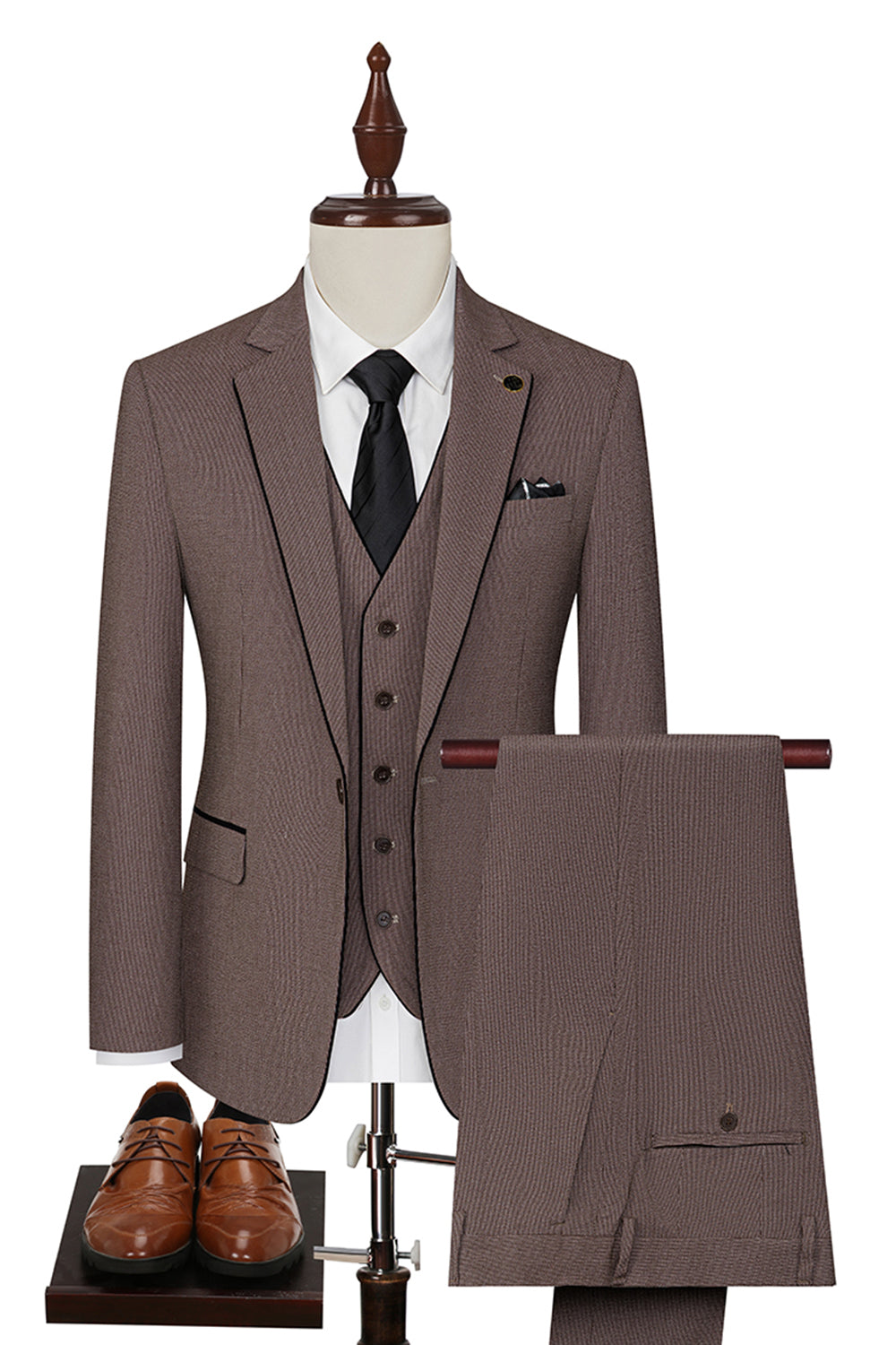 Taupe 3-delad Slim Fit Notched Lapel One Button Mäns Formella kostymer