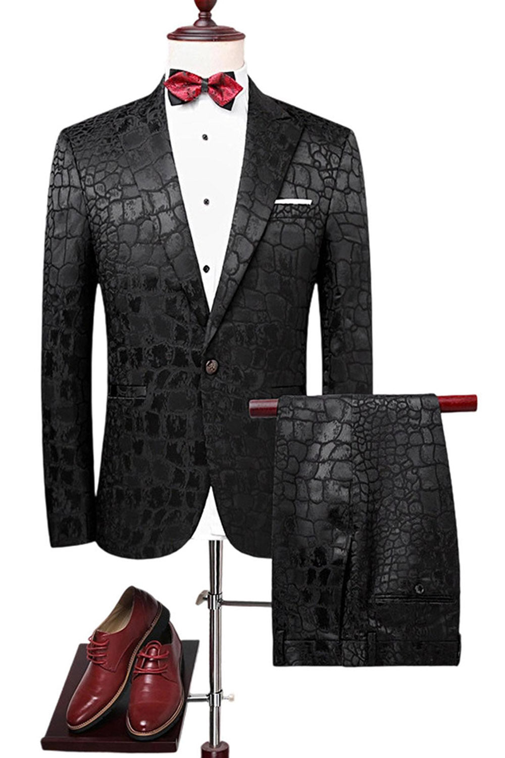 Svart Textur Peak Kavajslag 2 Delad Prom Kostymer