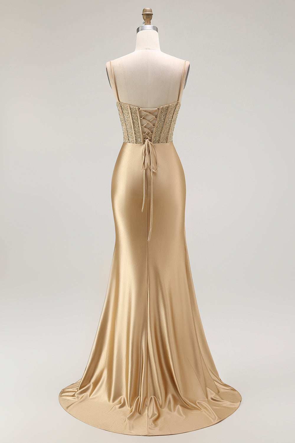 Gyllene Mermaid Spaghetti Straps Korsett Plisserad Lång Balklänning med Slits