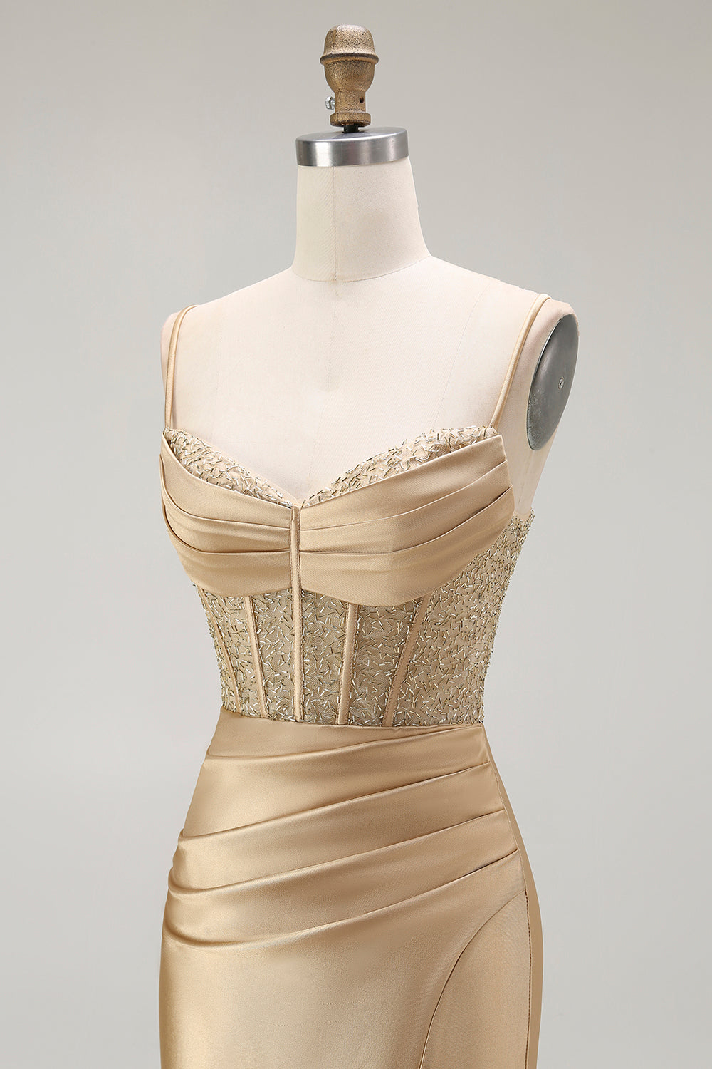 Gyllene Mermaid Spaghetti Straps Korsett Plisserad Lång Balklänning med Slits