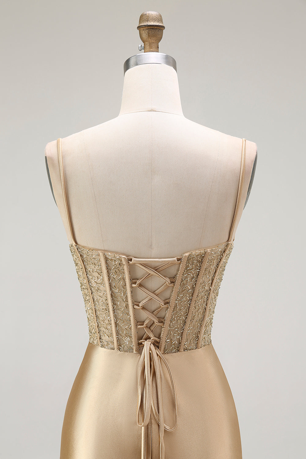 Gyllene Mermaid Spaghetti Straps Korsett Plisserad Lång Balklänning med Slits