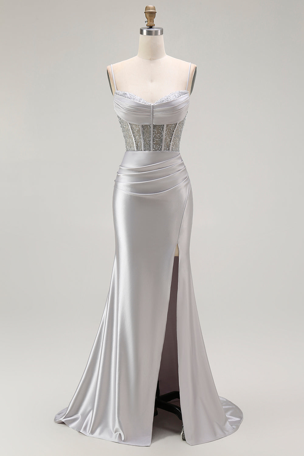 Gyllene Mermaid Spaghetti Straps Korsett Plisserad Lång Balklänning med Slits