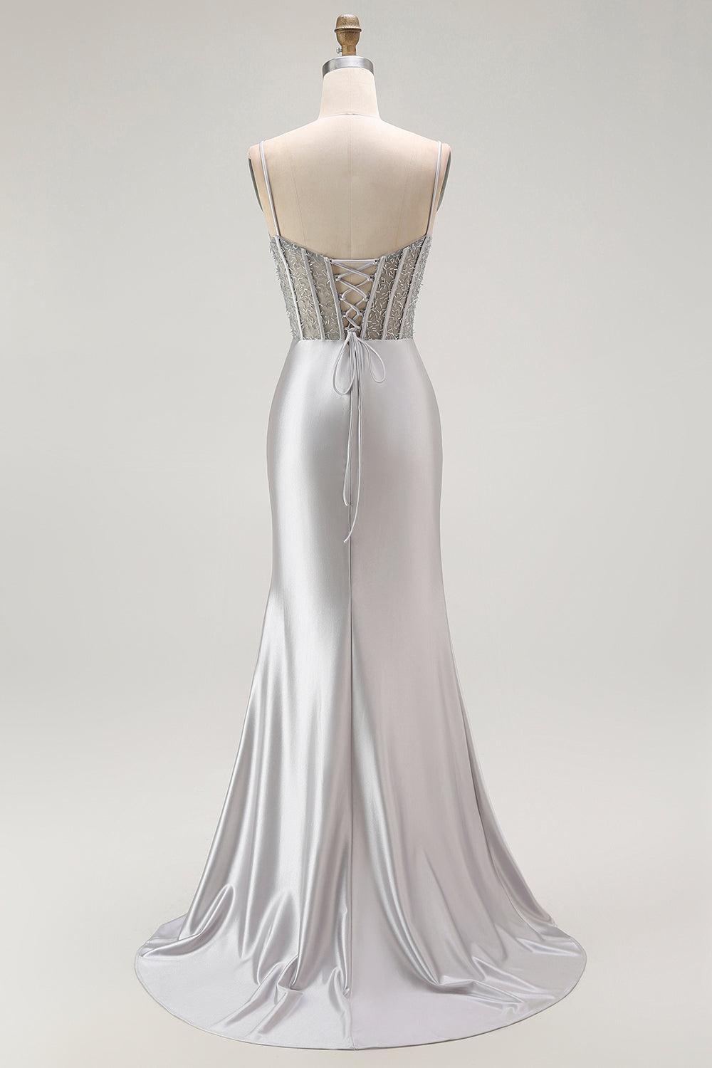 Gyllene Mermaid Spaghetti Straps Korsett Plisserad Lång Balklänning med Slits