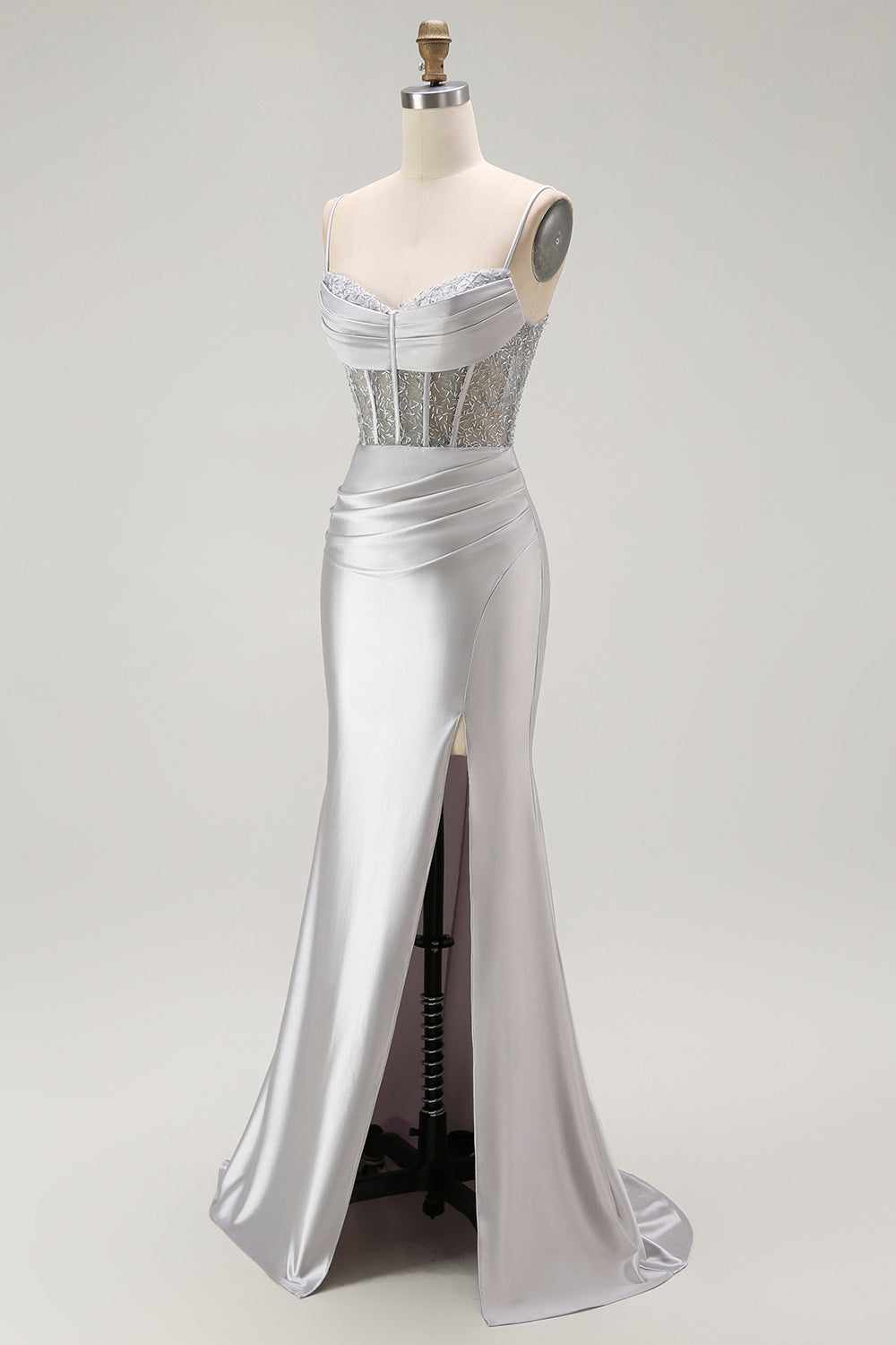Gyllene Mermaid Spaghetti Straps Korsett Plisserad Lång Balklänning med Slits