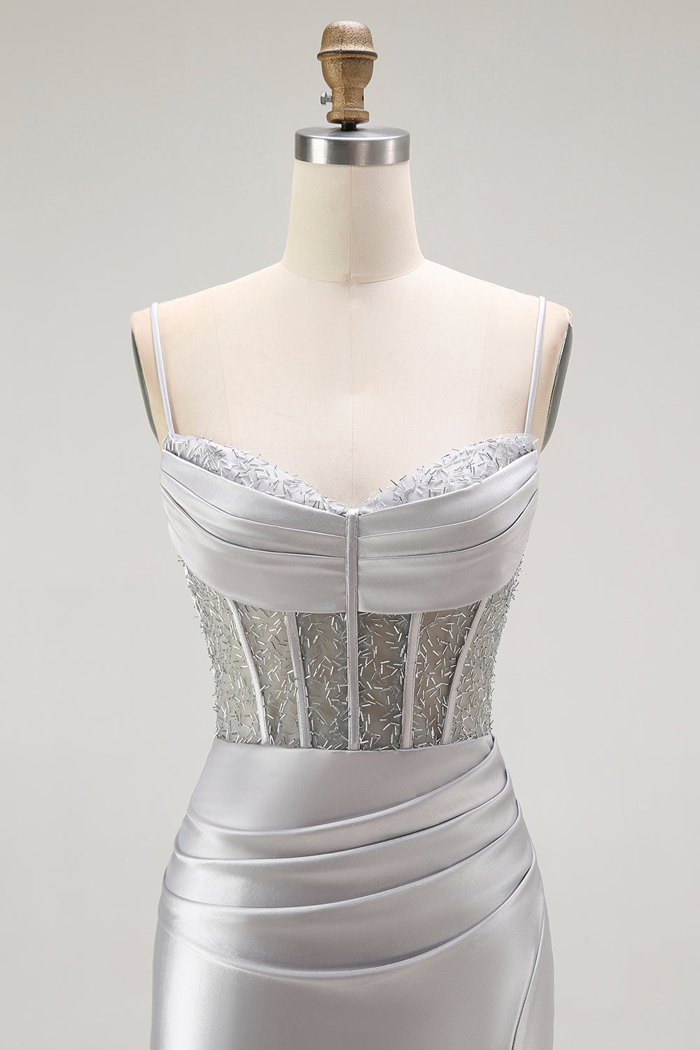 Gyllene Mermaid Spaghetti Straps Korsett Plisserad Lång Balklänning med Slits