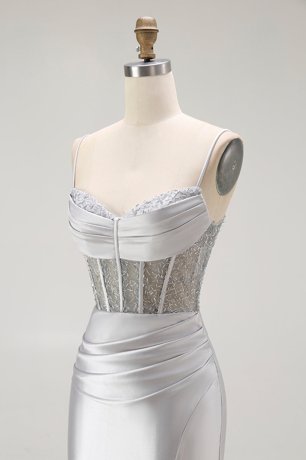 Gyllene Mermaid Spaghetti Straps Korsett Plisserad Lång Balklänning med Slits