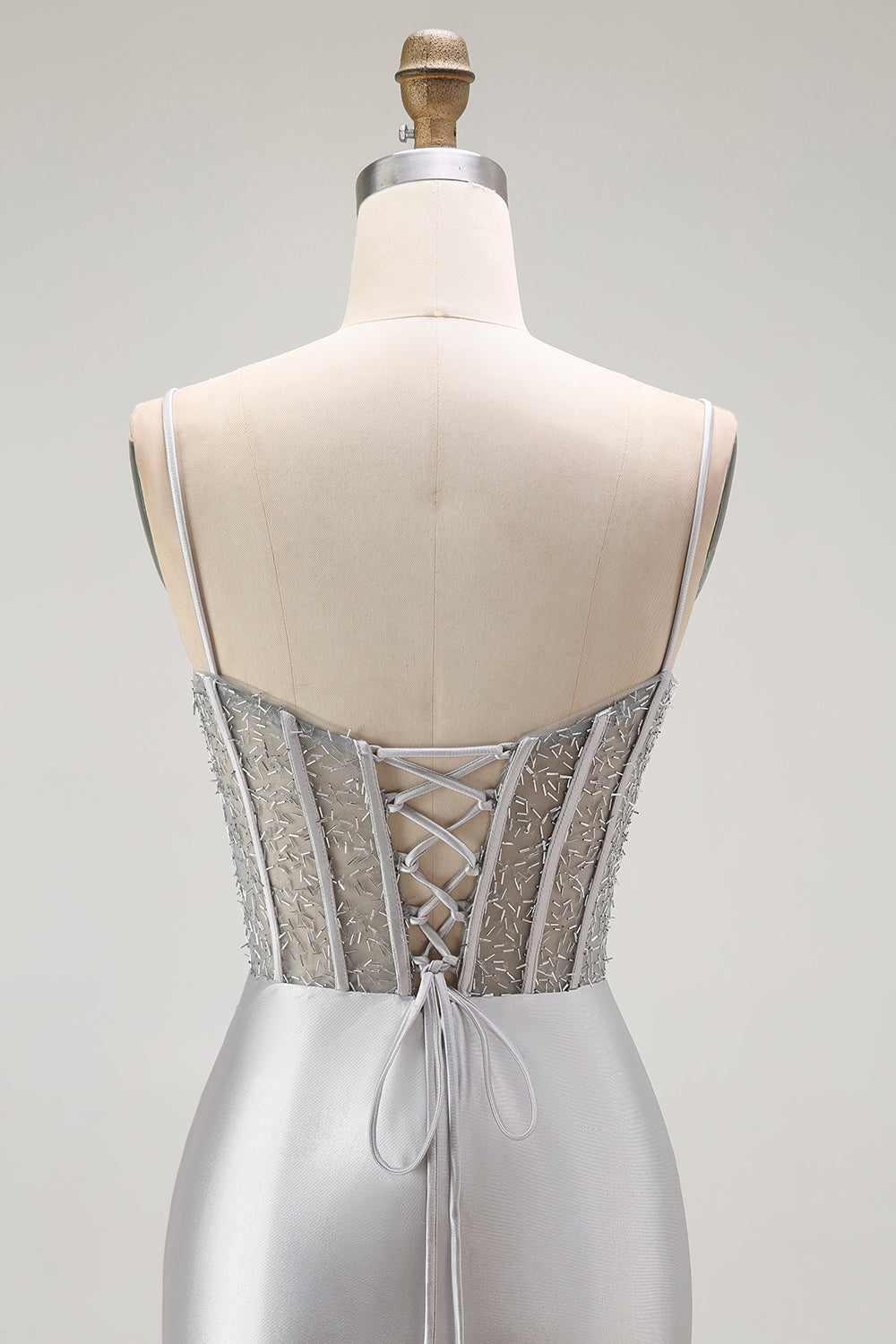 Gyllene Mermaid Spaghetti Straps Korsett Plisserad Lång Balklänning med Slits
