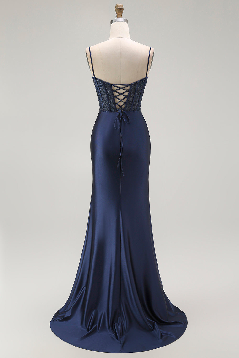 Gyllene Mermaid Spaghetti Straps Korsett Plisserad Lång Balklänning med Slits