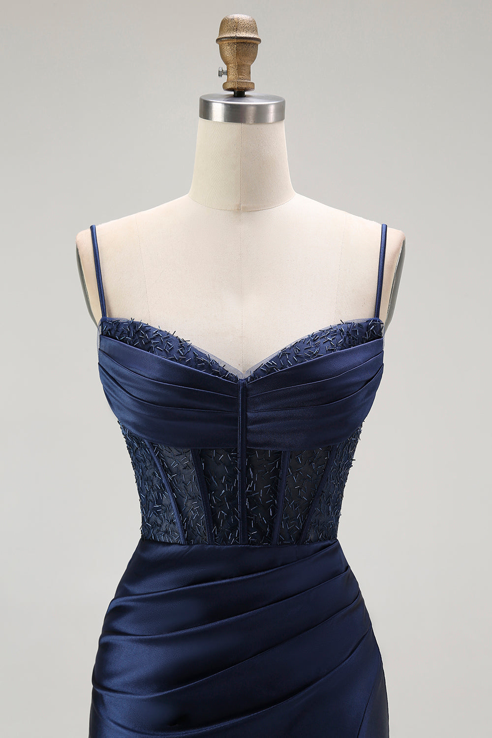 Gyllene Mermaid Spaghetti Straps Korsett Plisserad Lång Balklänning med Slits