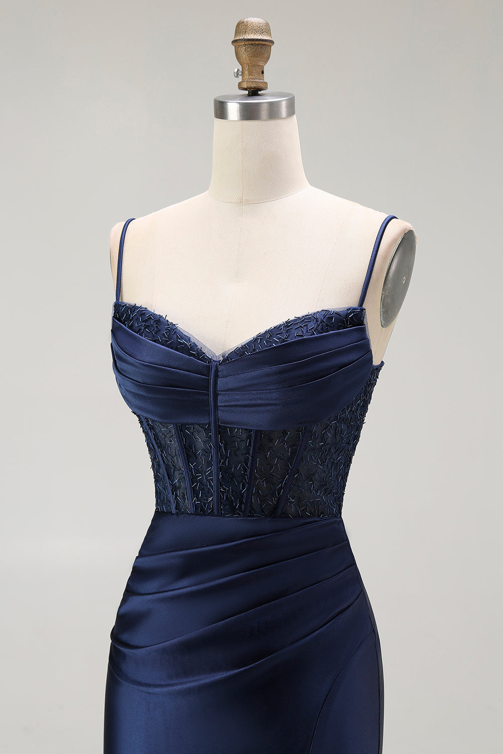 Gyllene Mermaid Spaghetti Straps Korsett Plisserad Lång Balklänning med Slits