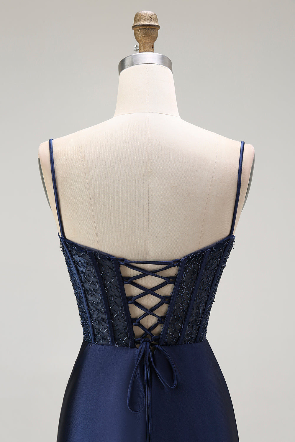 Gyllene Mermaid Spaghetti Straps Korsett Plisserad Lång Balklänning med Slits