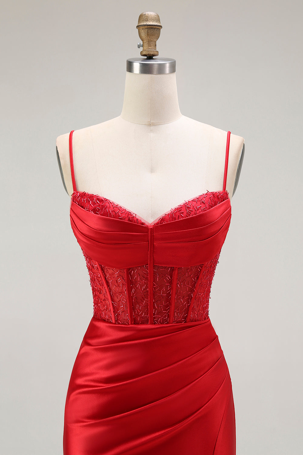 Gyllene Mermaid Spaghetti Straps Korsett Plisserad Lång Balklänning med Slits