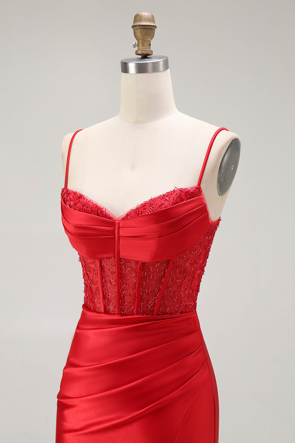 Gyllene Mermaid Spaghetti Straps Korsett Plisserad Lång Balklänning med Slits