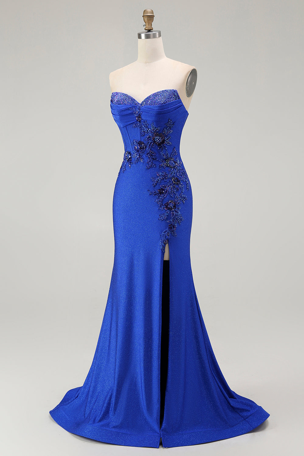 Royal Blue Mermaid Axelbandslös Snörning upp Rygg pärlstav Lång Balklänning med slits
