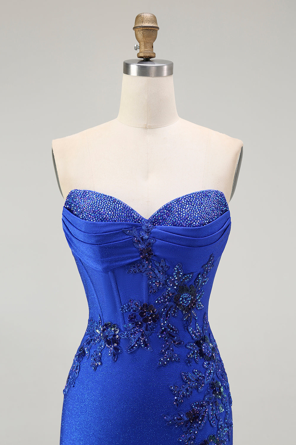 Royal Blue Mermaid Axelbandslös Snörning upp Rygg pärlstav Lång Balklänning med slits