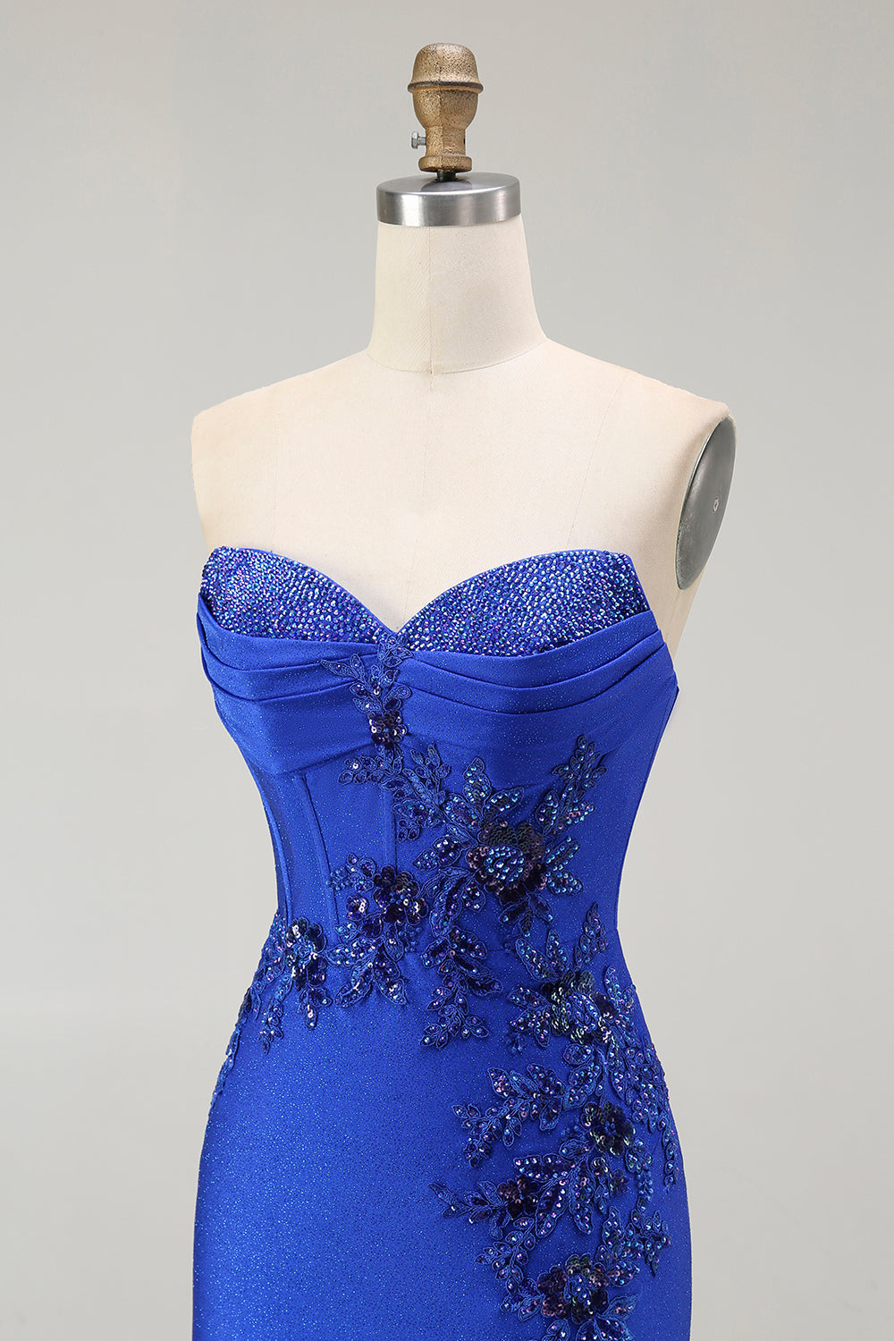 Royal Blue Mermaid Axelbandslös Snörning upp Rygg pärlstav Lång Balklänning med slits