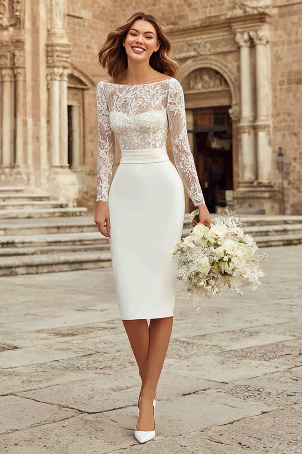 Ivory Bodycon Bateau Neck Midi Förlovningsklänning med Spets