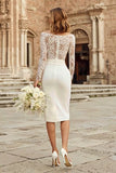 Ivory Bodycon Bateau Neck Midi Förlovningsklänning med Spets