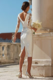 Ivory Bodycon 3/4 ärm Appliqued Midi Förlovningsklänning