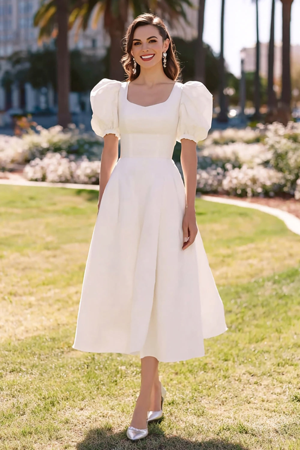 Vit A Line Satin Midi Förlovningsklänning med puffärmar