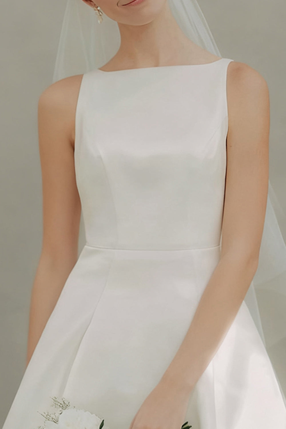 Vit Båt Hals En Linje Kort Tingshus Bröllopsklänning