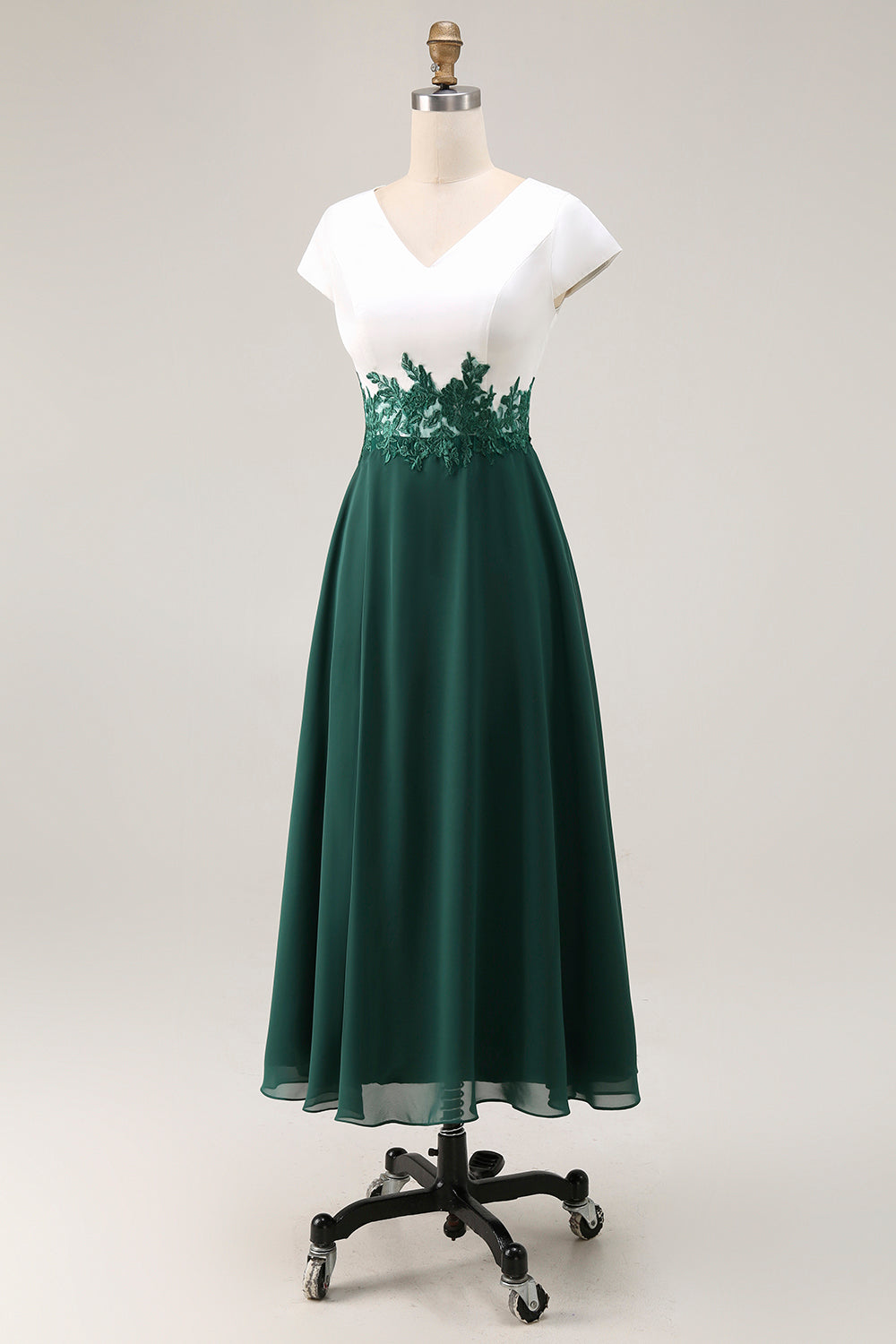 White Green A Line V Neck Appliqued Mother Of The Bride Dress