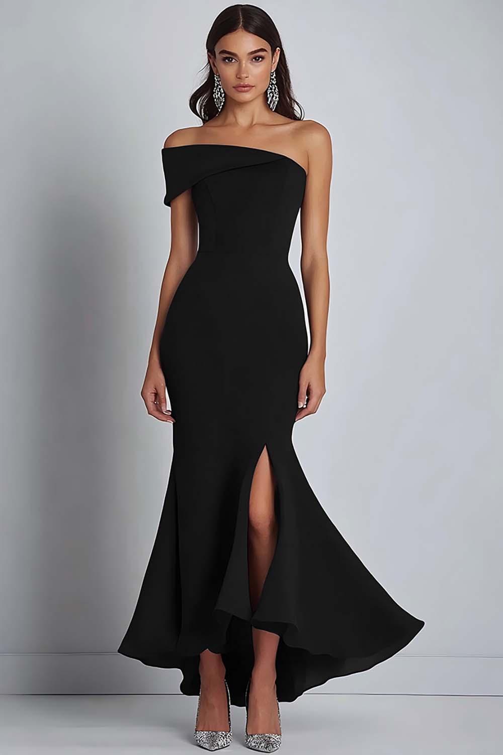 Navy Crepe One Shoulder Sheath Formell Klänning med slits