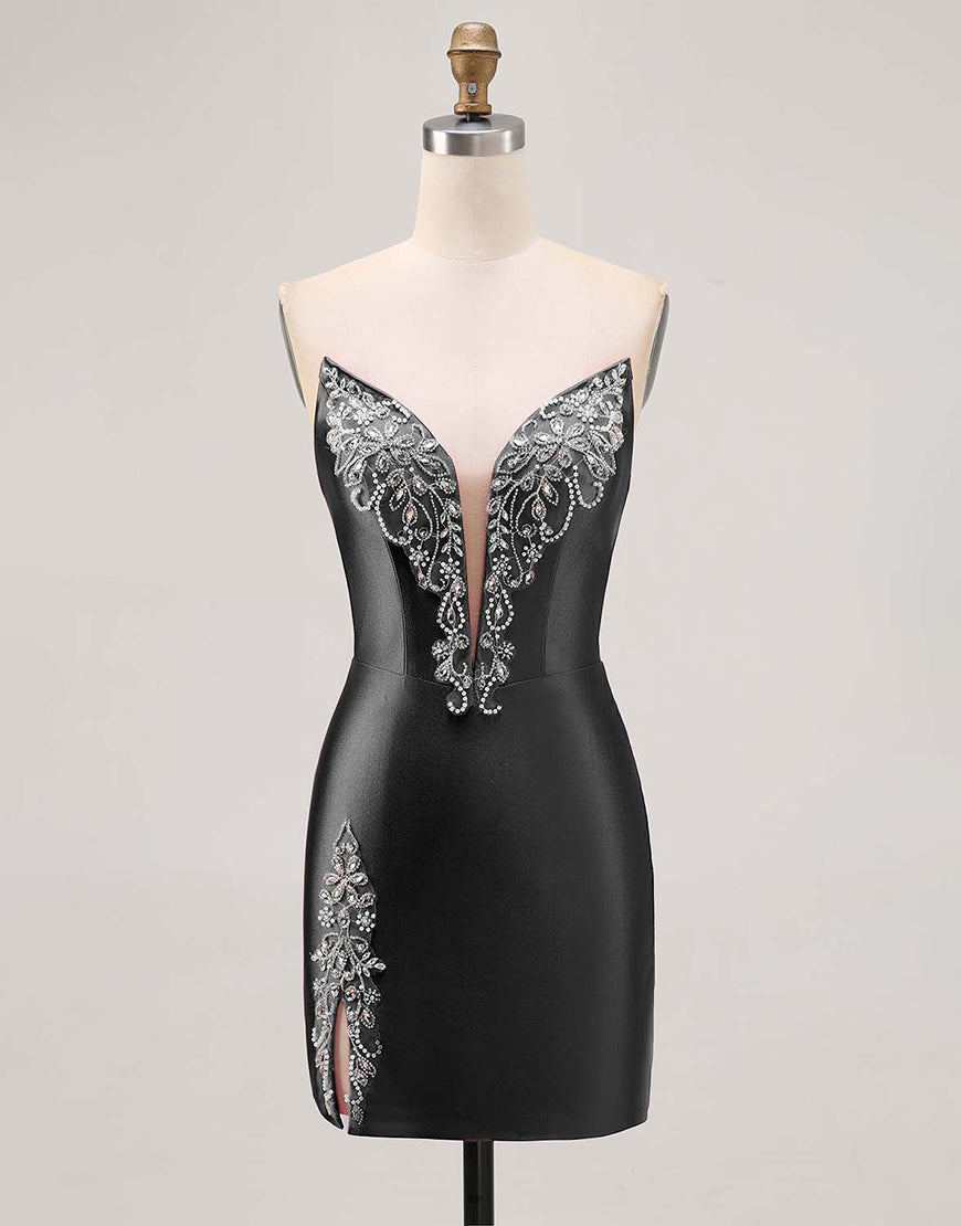 Fuchsia Axelbandslös pärlstav Bodycon Homecoming Klänning med slits