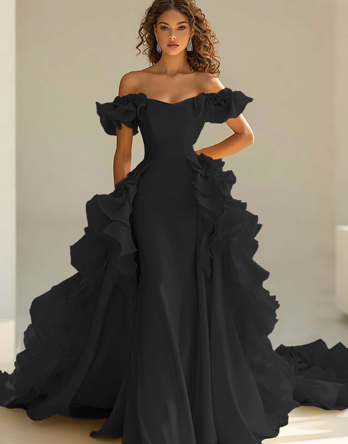 Gul Off The Shoulder Sjöjungfru Ruffles Satin Prom Klänning