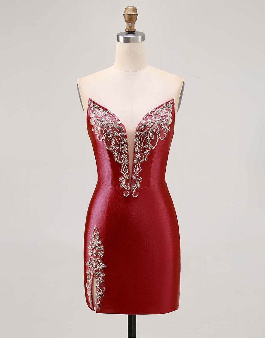 Fuchsia Axelbandslös pärlstav Bodycon Homecoming Klänning med slits