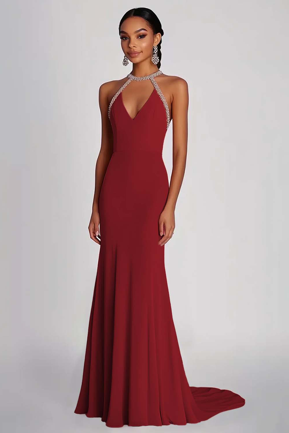 Fodral Rosa pärlstav Halter Lång Chiffong Formell Klänning
