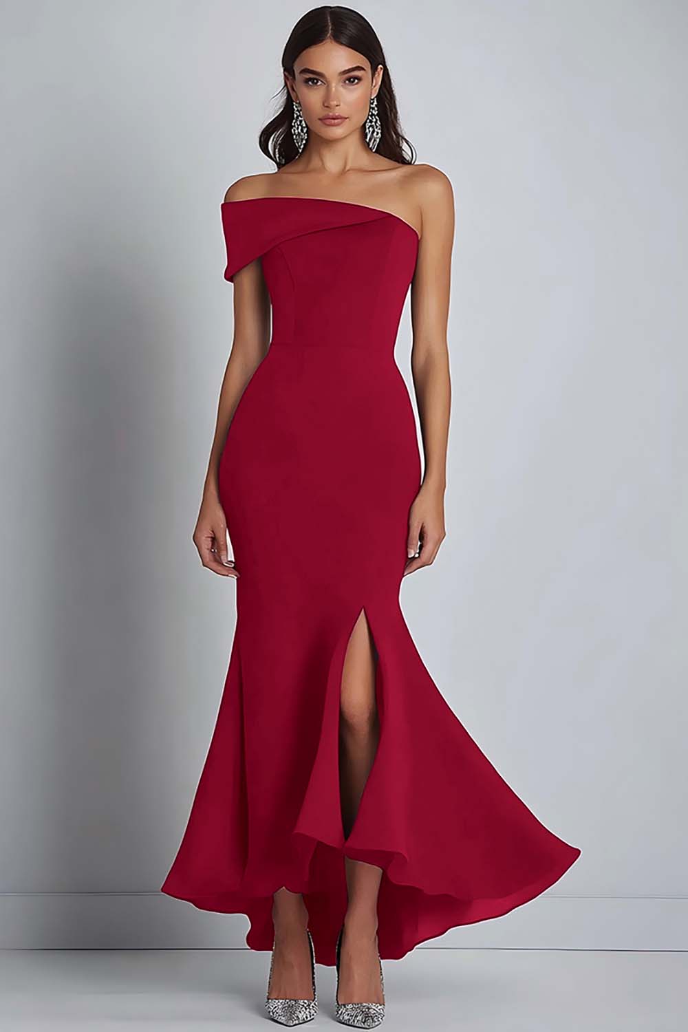 Navy Crepe One Shoulder Sheath Formell Klänning med slits