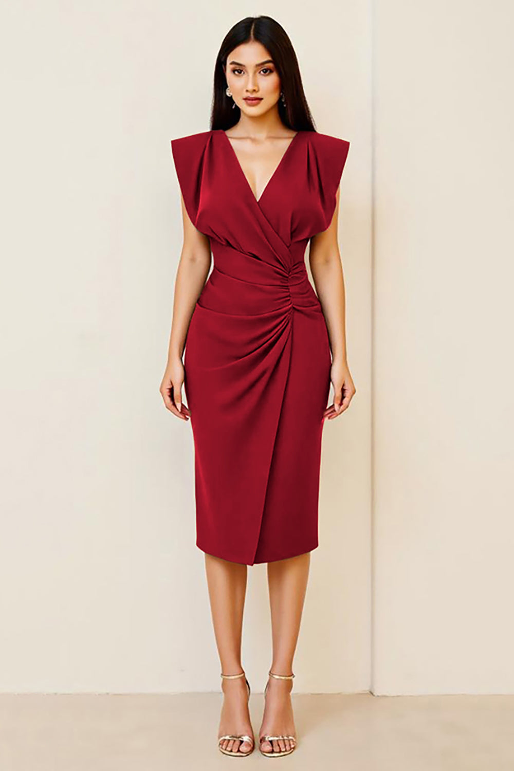 Oliv Rynkad Bodycon V-ringad Midi Formell Klänning