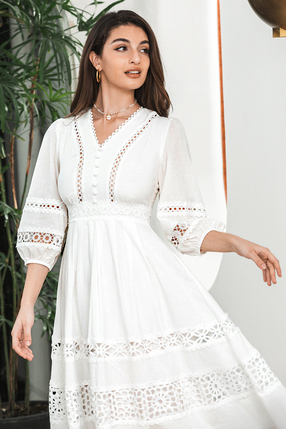 Vit 3/4 ärmar Boho Förlovningsfestklänning med Spets