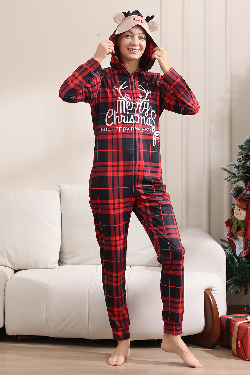 Röd God Jul Pyjamas för Familj Hooded One Piece Pjs Holiday Pyjamas Set