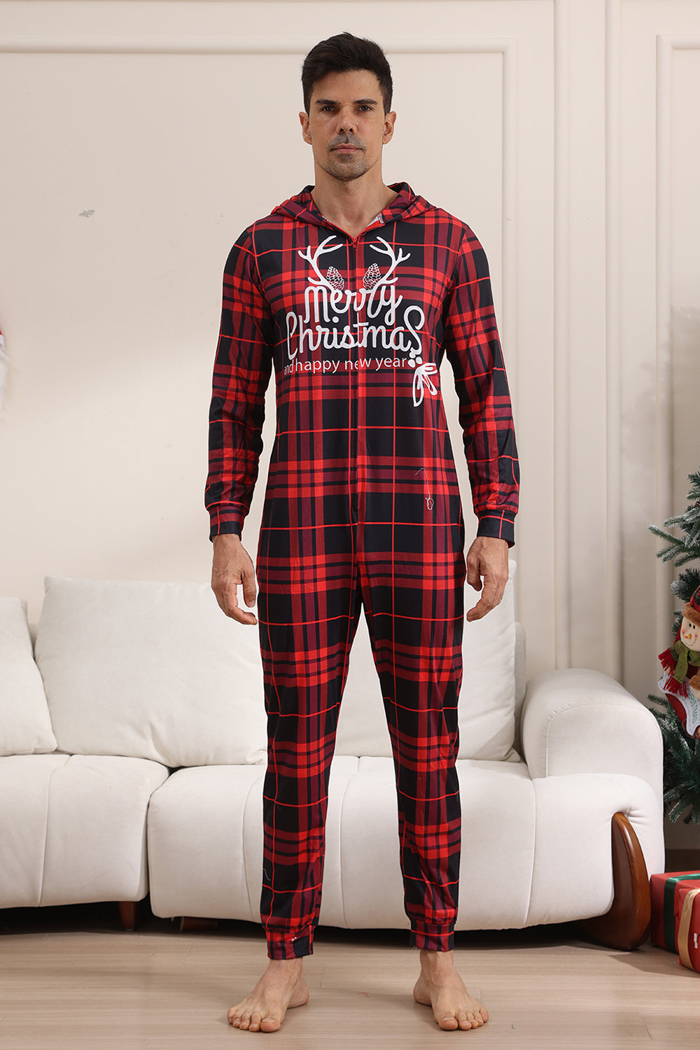 Röd God Jul Pyjamas för Familj Hooded One Piece Pjs Holiday Pyjamas Set