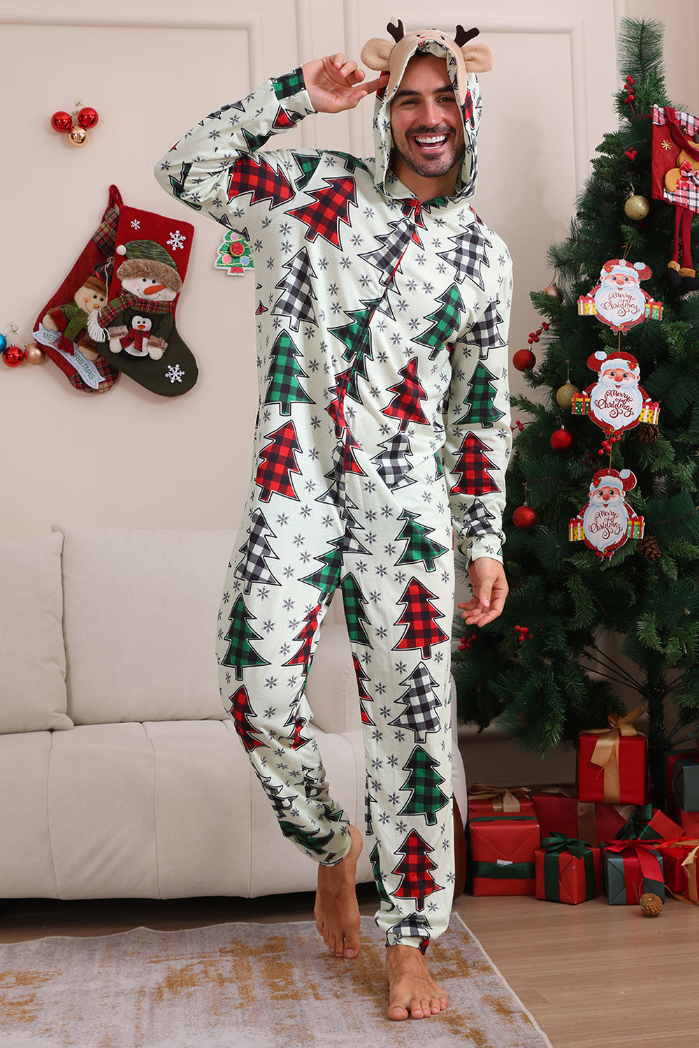 Familj Julpyjamas Förälder-barn Kläder Söt Julgran Hooded Jumpsuit Jul Familj Set