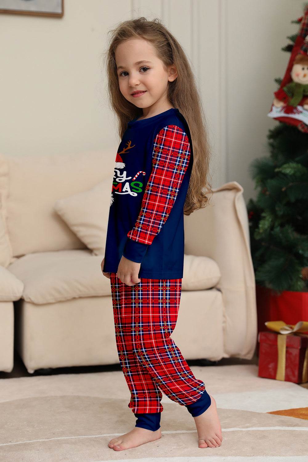 Röd Marinblå Långärmad Rutig Byxor Jul Pyjamas Set