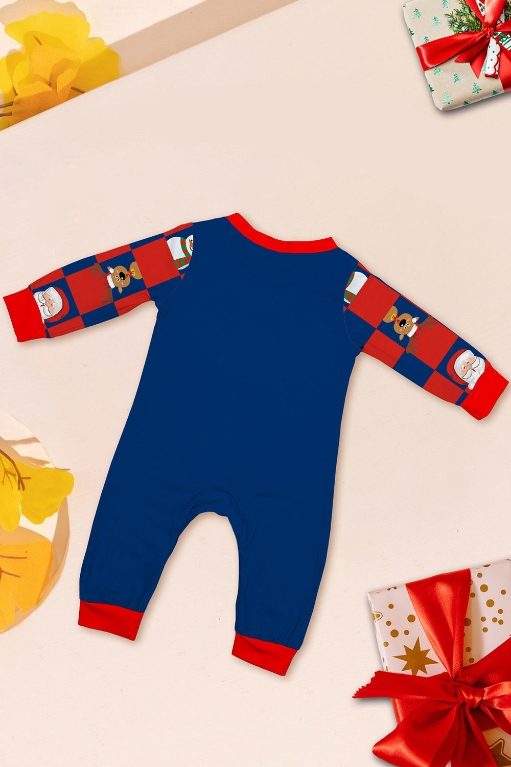 Mörkblå rutiga byxor tryckta långärmad julpyjamas set