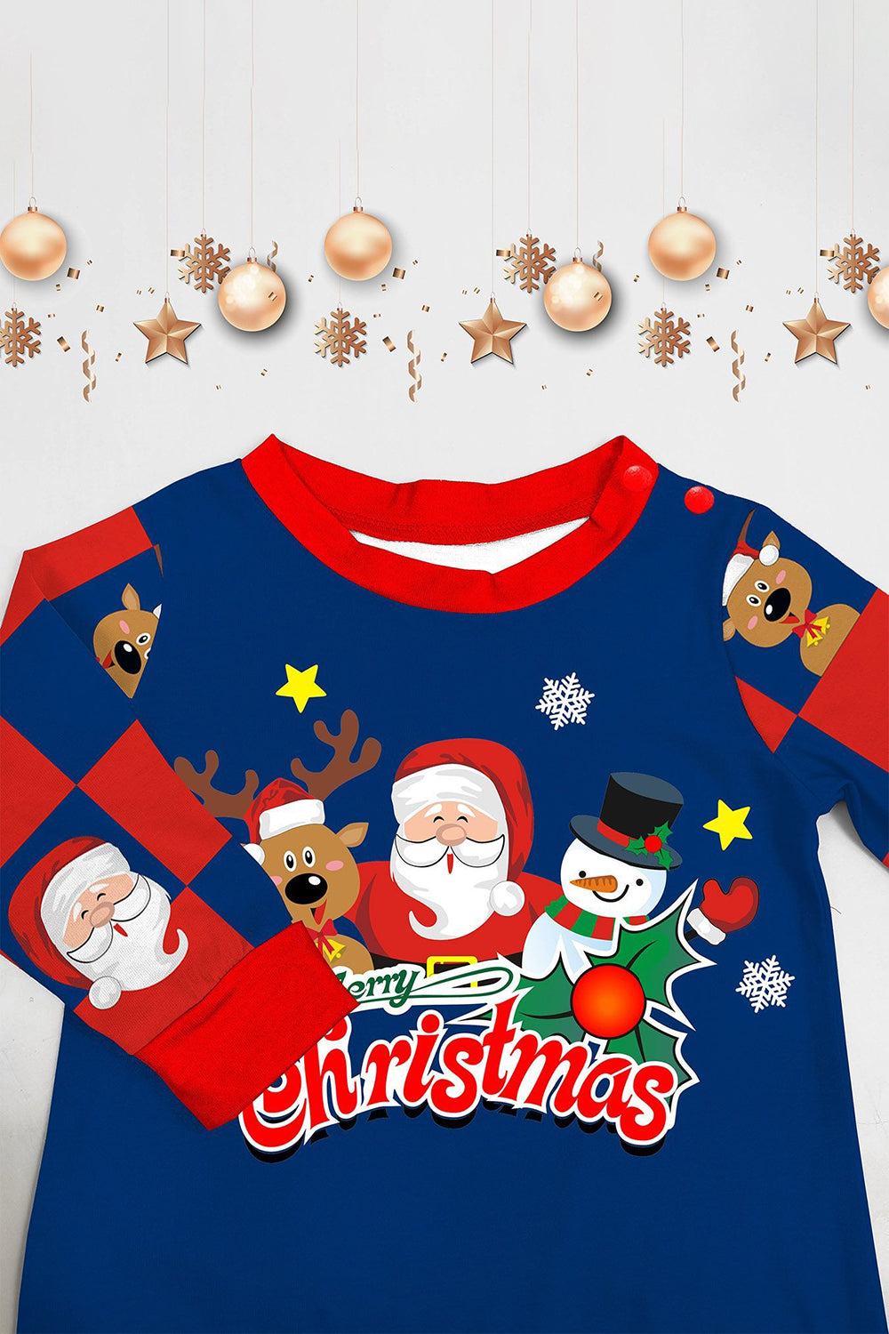 Mörkblå rutiga byxor tryckta långärmad julpyjamas set