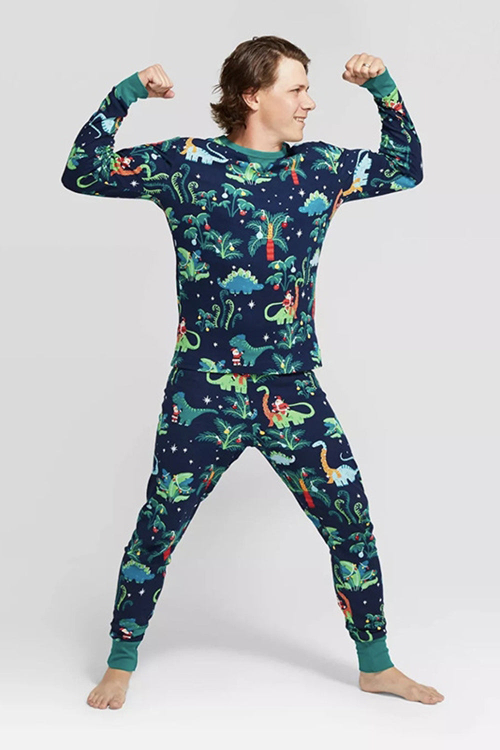 Marinblå och grön tryckt långärmad familj julpyjamas