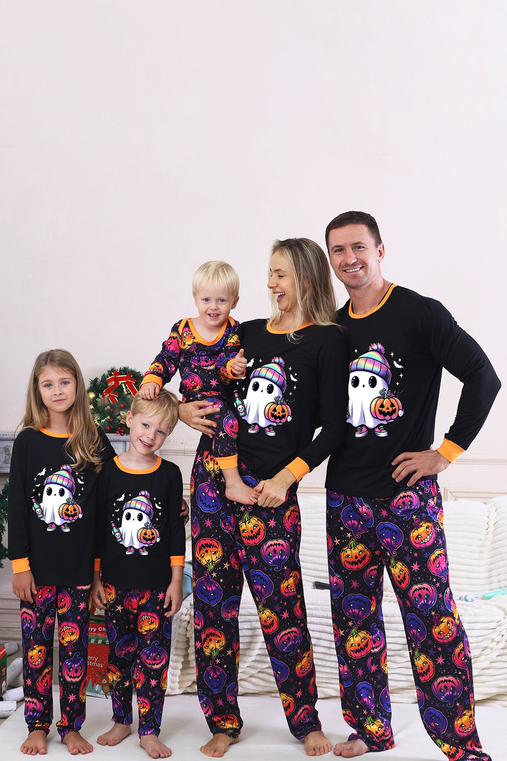 Svart Tryckt Långärmad Familj Halloween Pyjamas