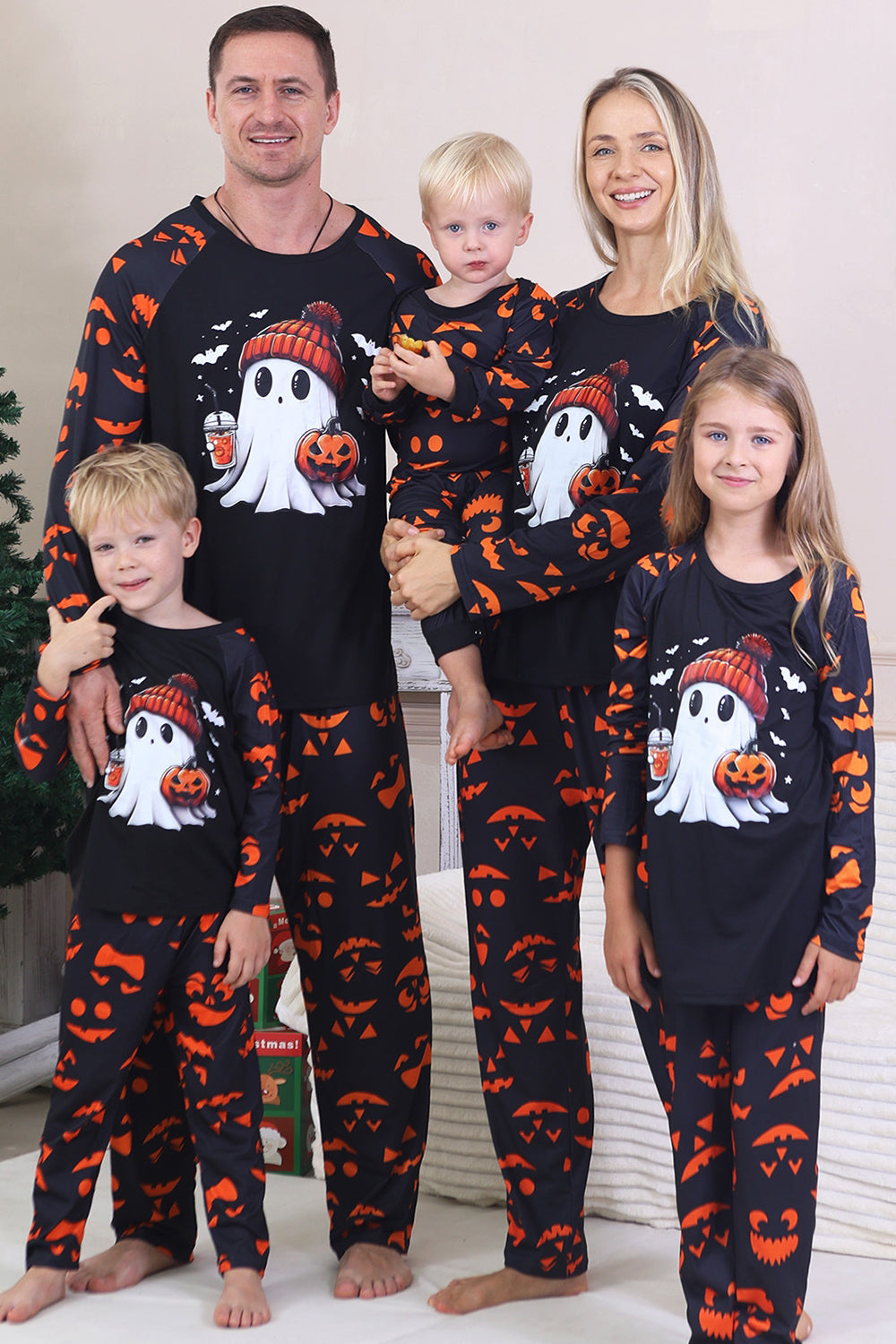 Marinblå tryckt långärmad familj halloween pyjamas