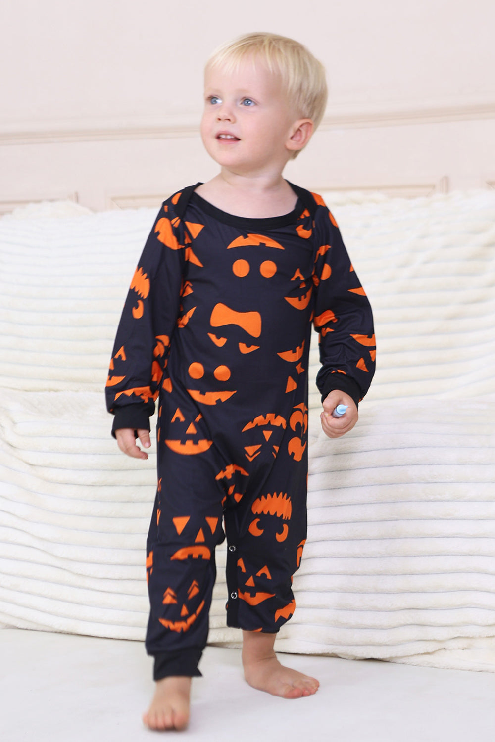 Marinblå tryckt långärmad familj halloween pyjamas