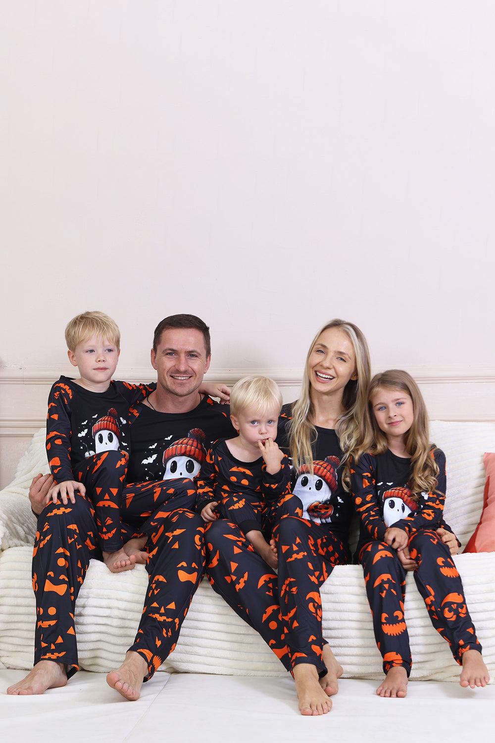 Marinblå tryckt långärmad familj halloween pyjamas