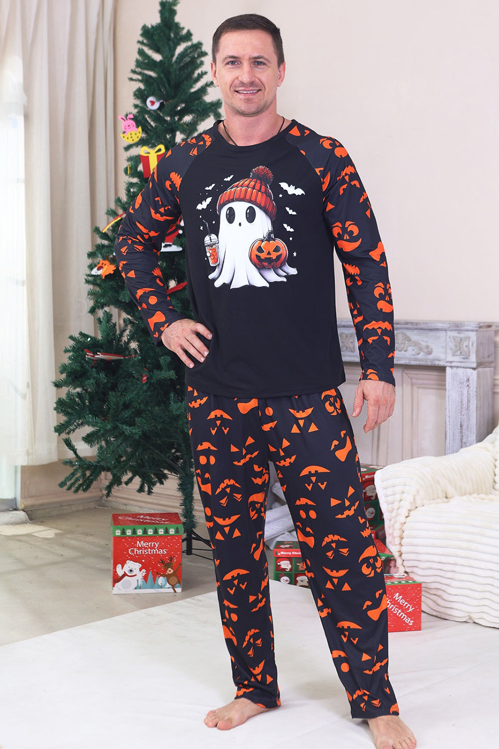 Marinblå tryckt långärmad familj halloween pyjamas