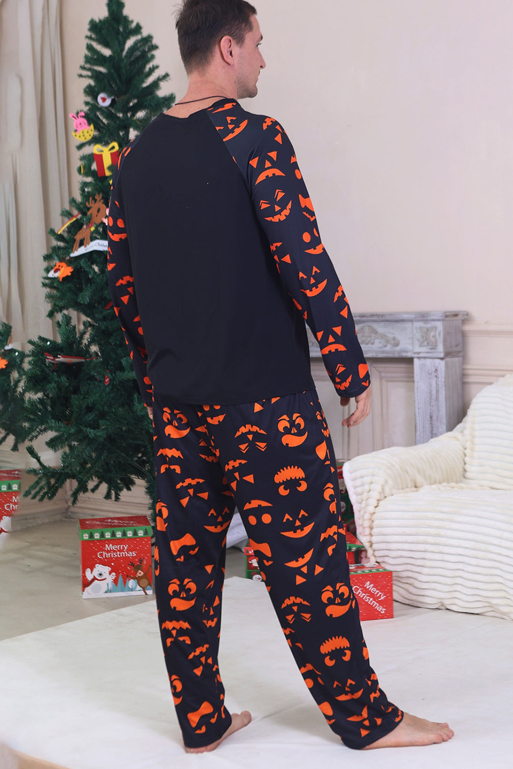 Marinblå tryckt långärmad familj halloween pyjamas